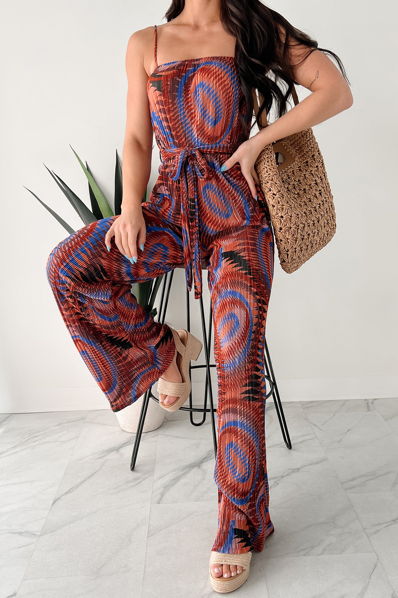 Turn Up The Volume Pleated Wide Leg Jumpsuit (Brick/Royal Blue) - NanaMacs