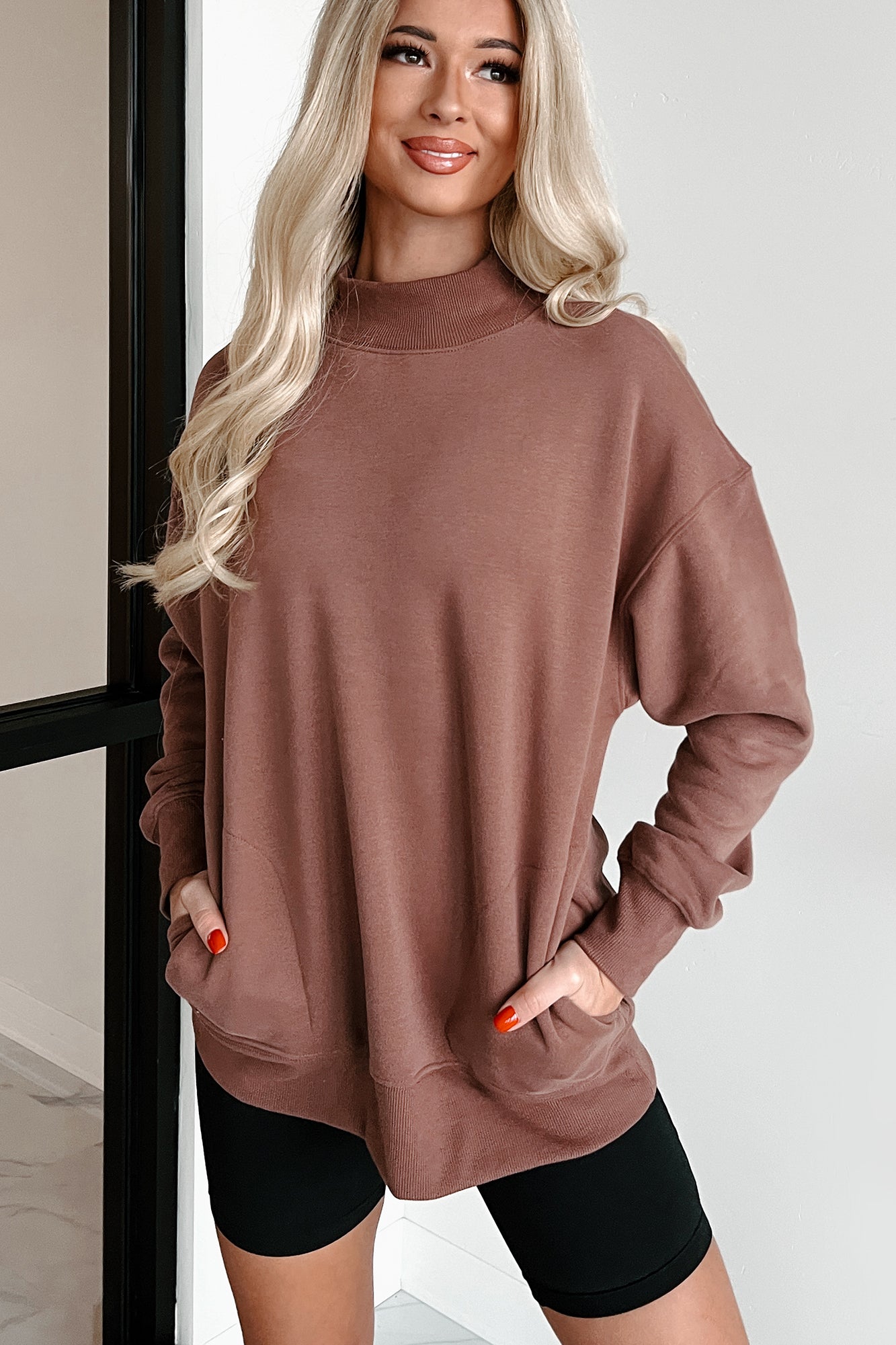 Cool Without Trying Mock Neck Sweatshirt With Pockets (Cocoa) · NanaMacs