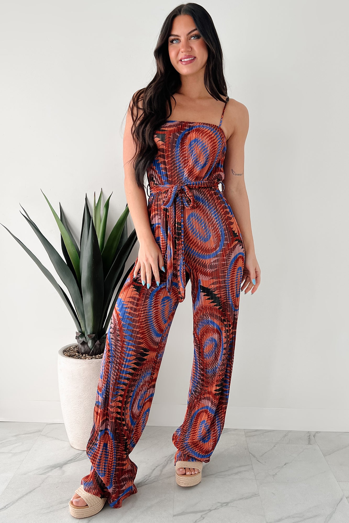 Turn Up The Volume Pleated Wide Leg Jumpsuit (Brick/Royal Blue) - NanaMacs