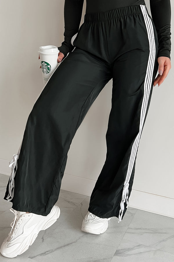 Colby Side Stripe Ribbon Tie Track Pants (Black) - NanaMacs