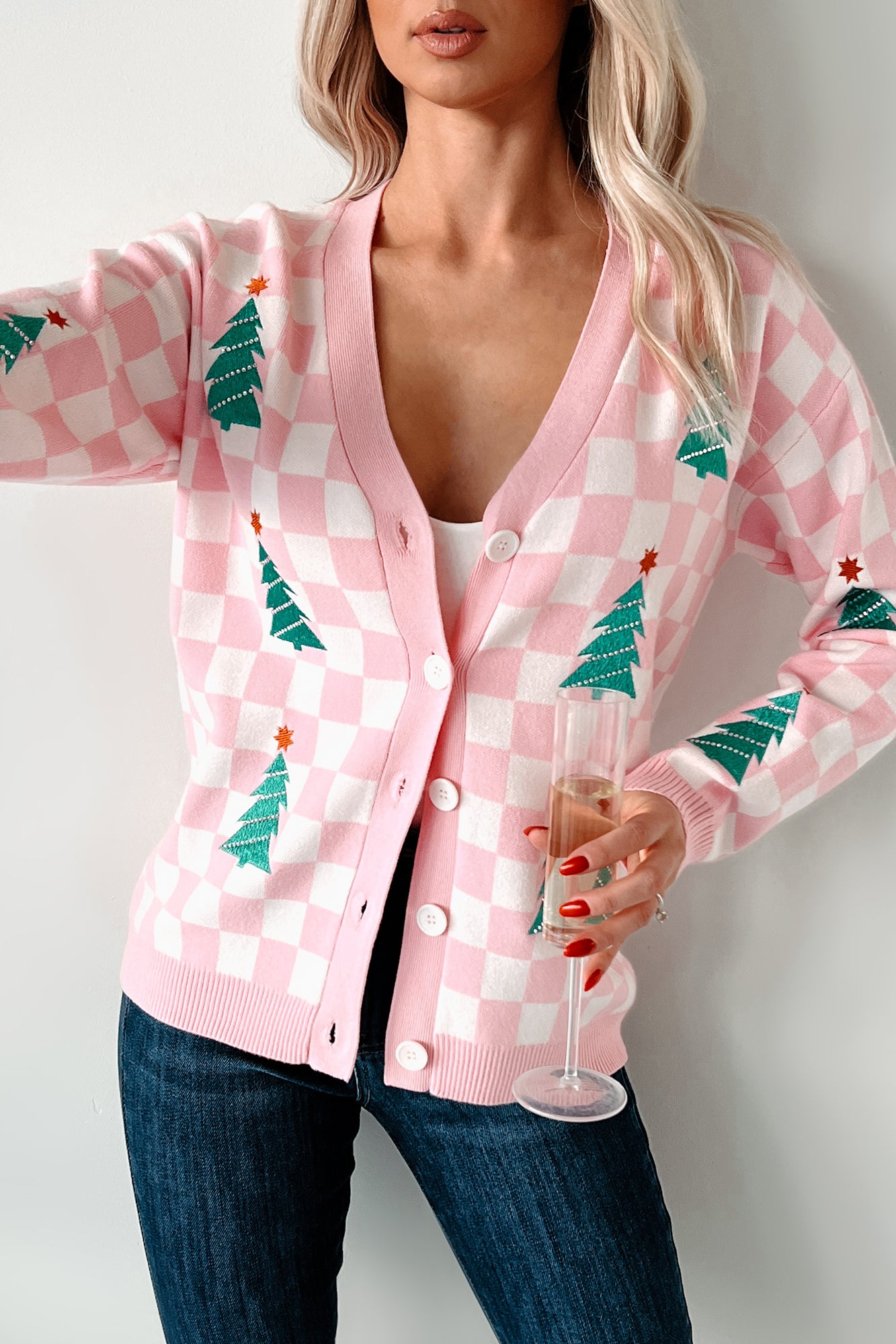 Some Christmas Sparkle Checkered Christmas Tree Cardigan (White/Pink) - NanaMacs