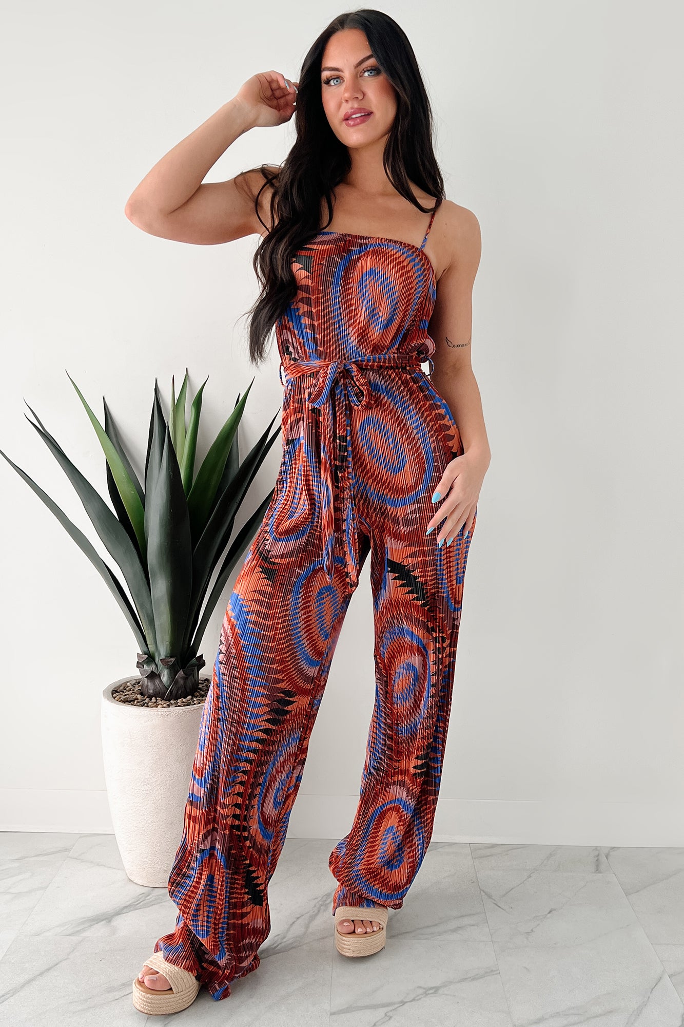 Turn Up The Volume Pleated Wide Leg Jumpsuit (Brick/Royal Blue) - NanaMacs