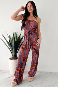 Turn Up The Volume Pleated Wide Leg Jumpsuit (Brick/Royal Blue) - NanaMacs