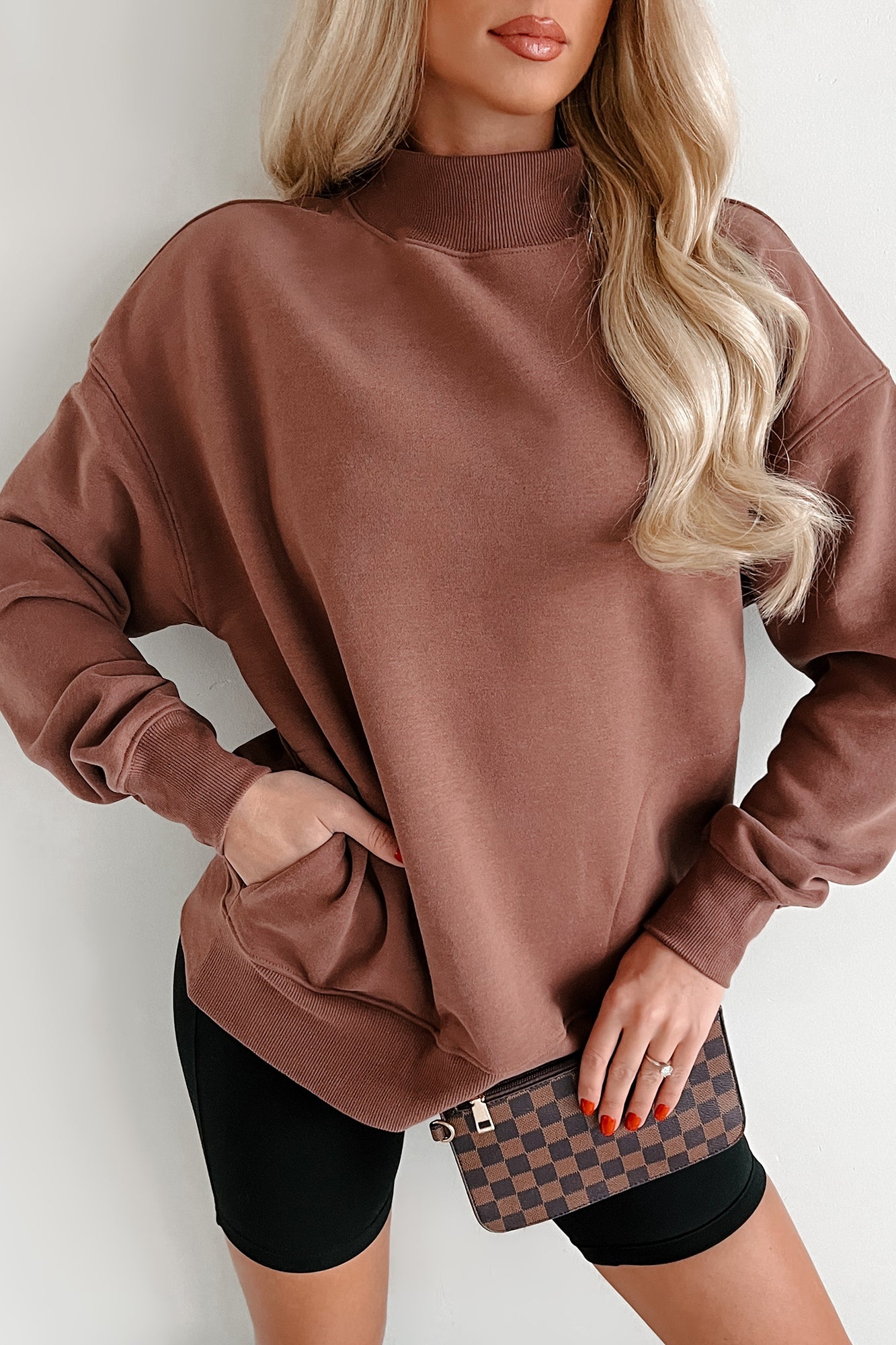 Cool Without Trying Mock Neck Sweatshirt With Pockets (Cocoa)
