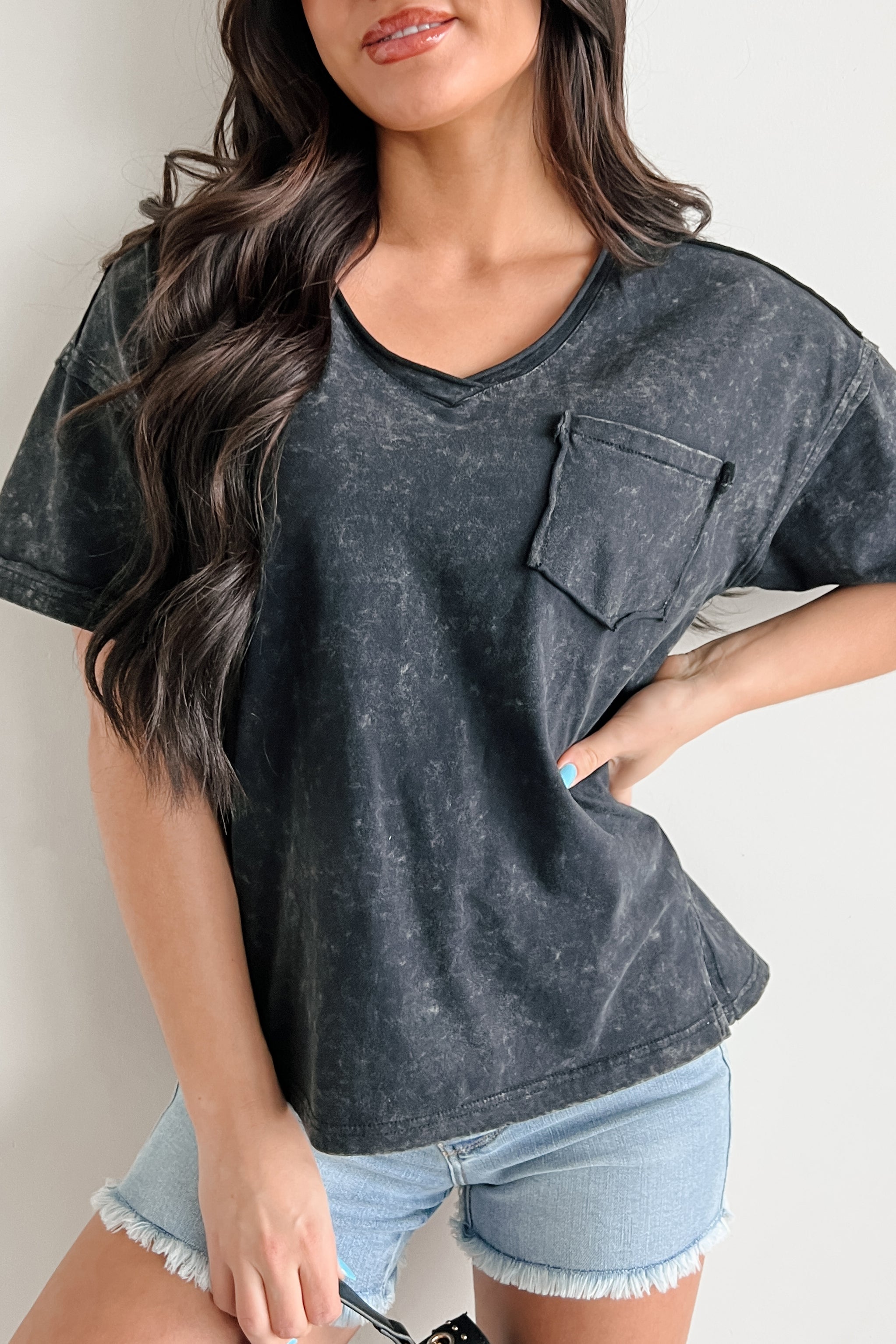 No Fuss All Fun V Neck Mineral Washed Top (Black) - NanaMacs