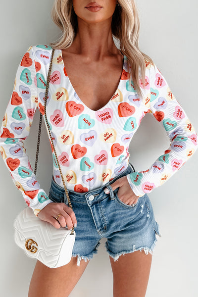 Conversation Hearts NM Original Printed V-Neck Bodysuit (White/Multi)-Ships by 1/27 - NanaMacs