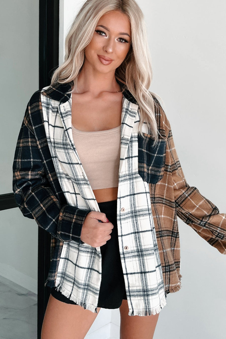 Bonfire Social Mixed Plaid Shacket (Multi/Navy) - NanaMacs