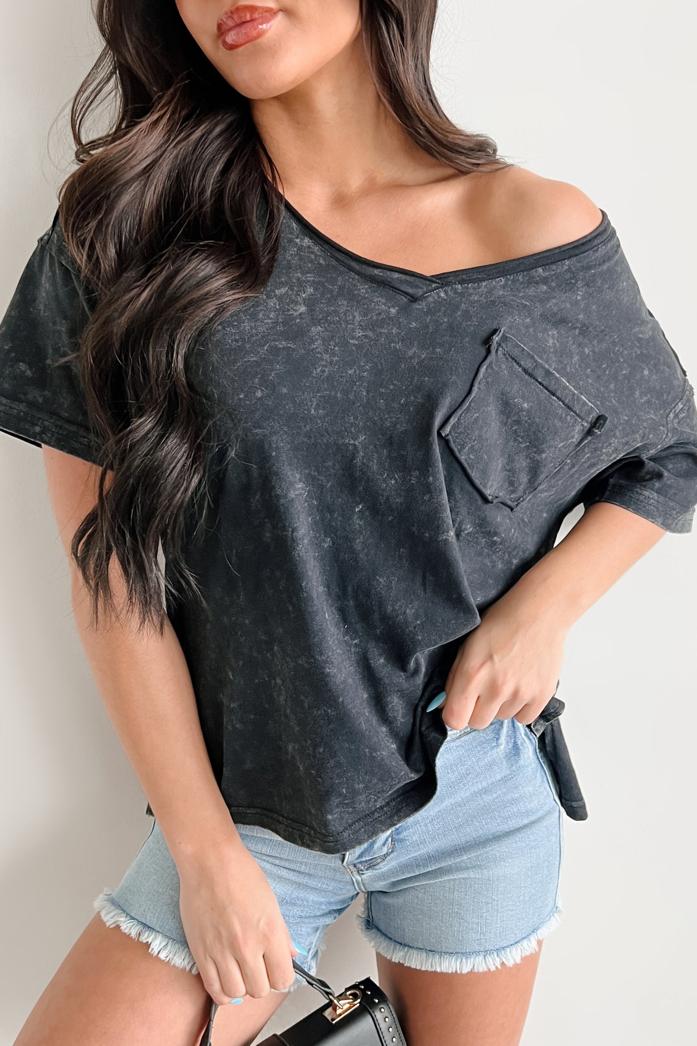 No Fuss All Fun V Neck Mineral Washed Top (Black) - NanaMacs