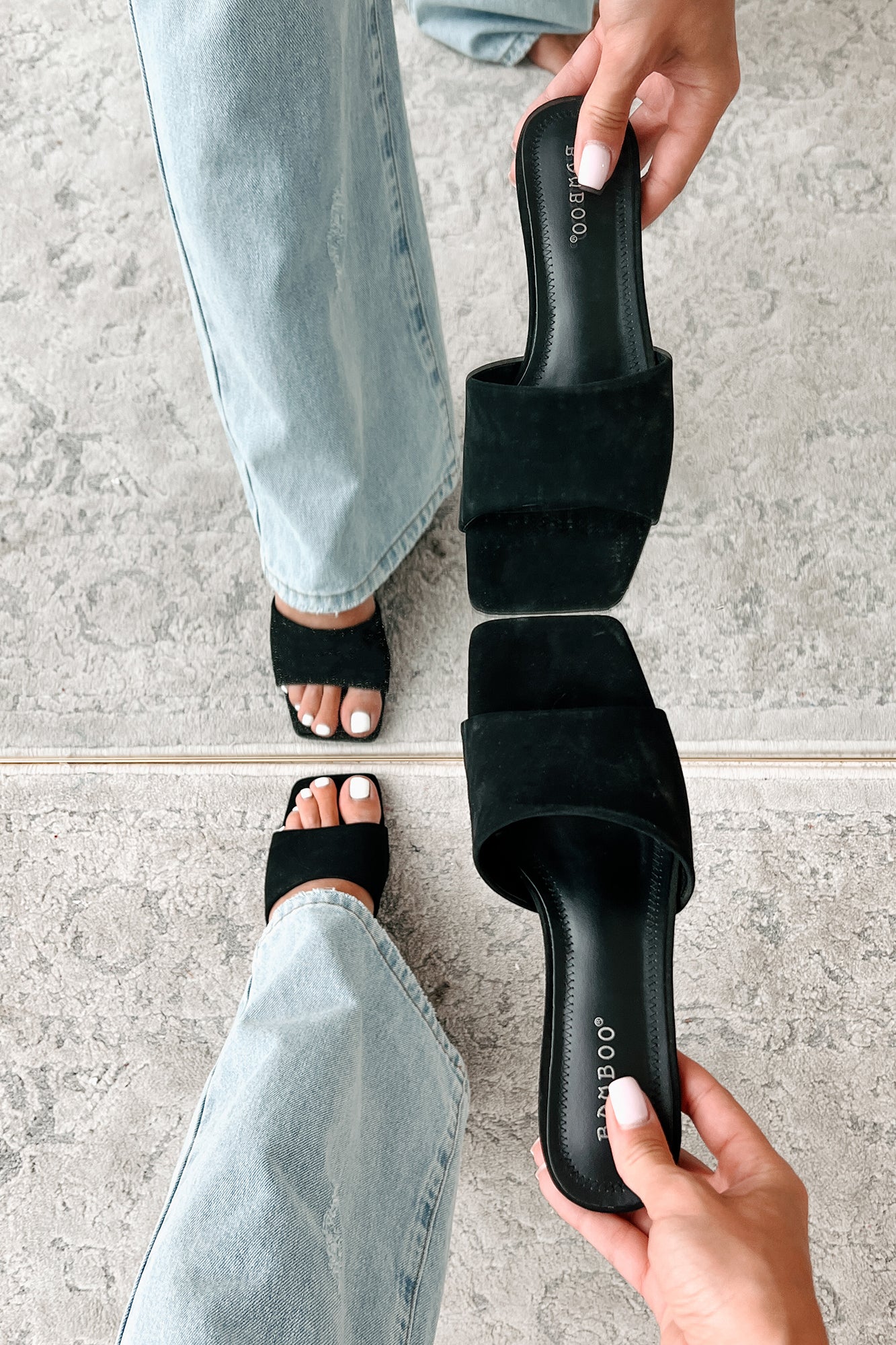 Style Points Square Toe Block Heel Sandals (Black Nubuck) - NanaMacs