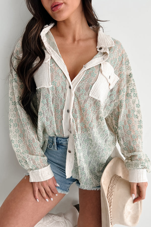 Flirtatious Fling POL Floral Lace Button Down Shirt (Sage) - NanaMacs