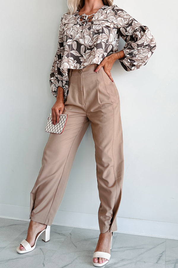 Working Late Pleated Buttoned Cuff Pants (Latte) - NanaMacs