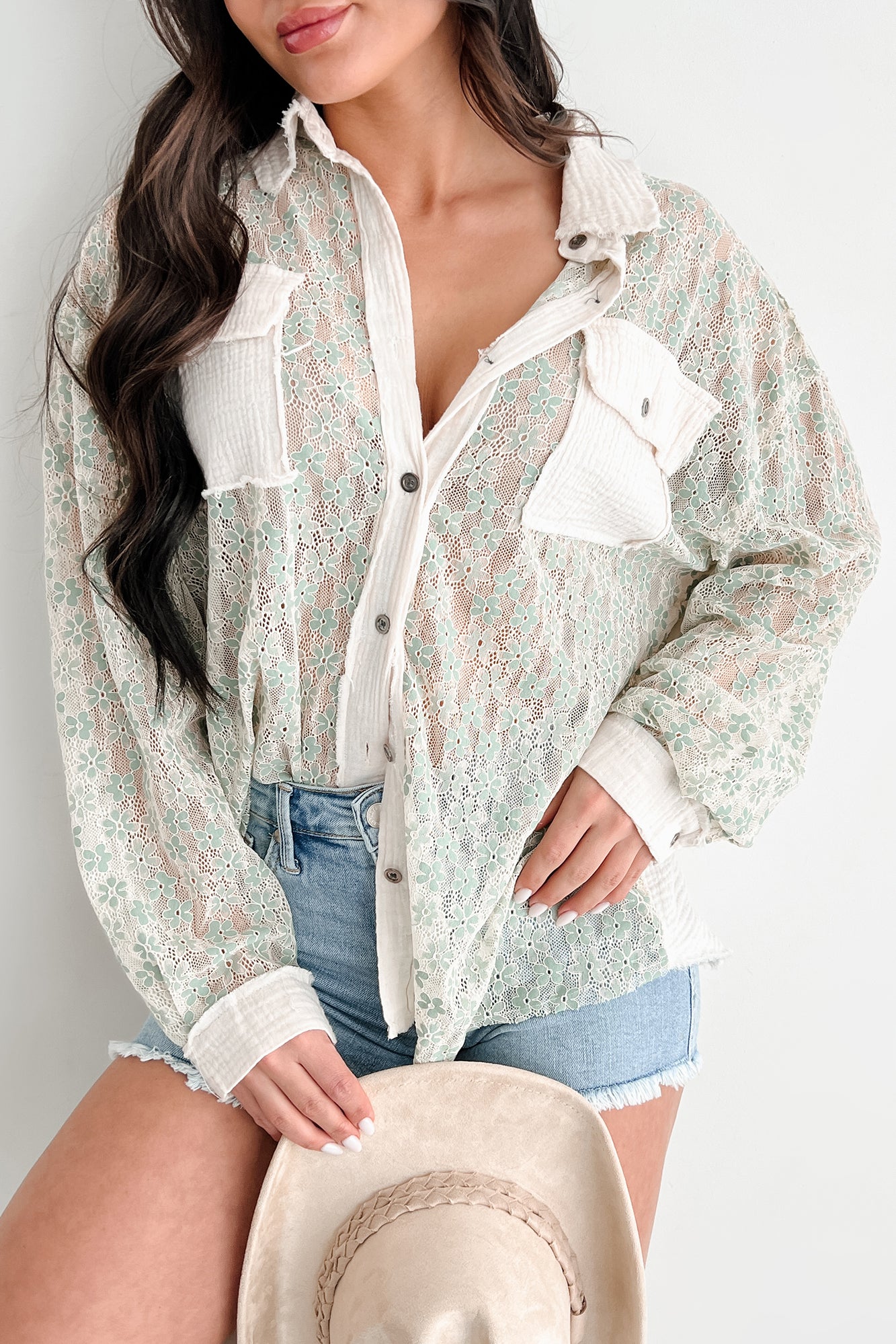 Flirtatious Fling POL Floral Lace Button Down Shirt (Sage) - NanaMacs