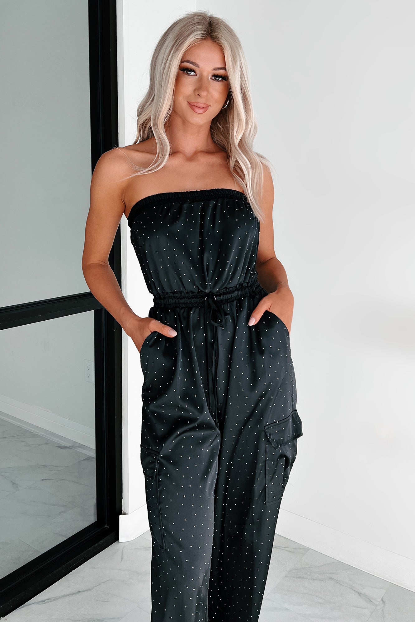 Glittering Goddess Rhinestone Embellished Jumpsuit (Black) - NanaMacs