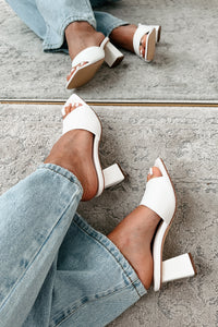 Style Points Square Toe Block Heel Sandals (White PU) - NanaMacs