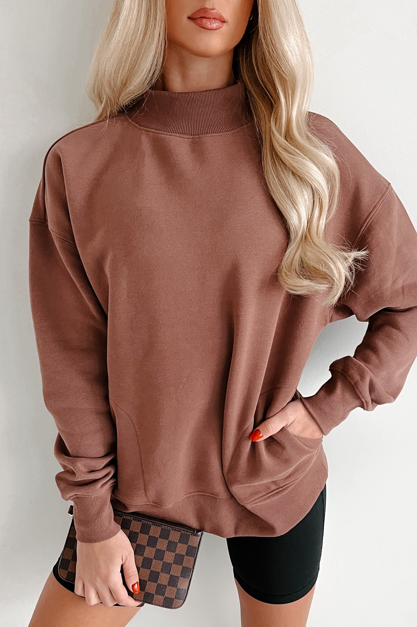 Cool Without Trying Mock Neck Sweatshirt With Pockets (Cocoa) - NanaMacs