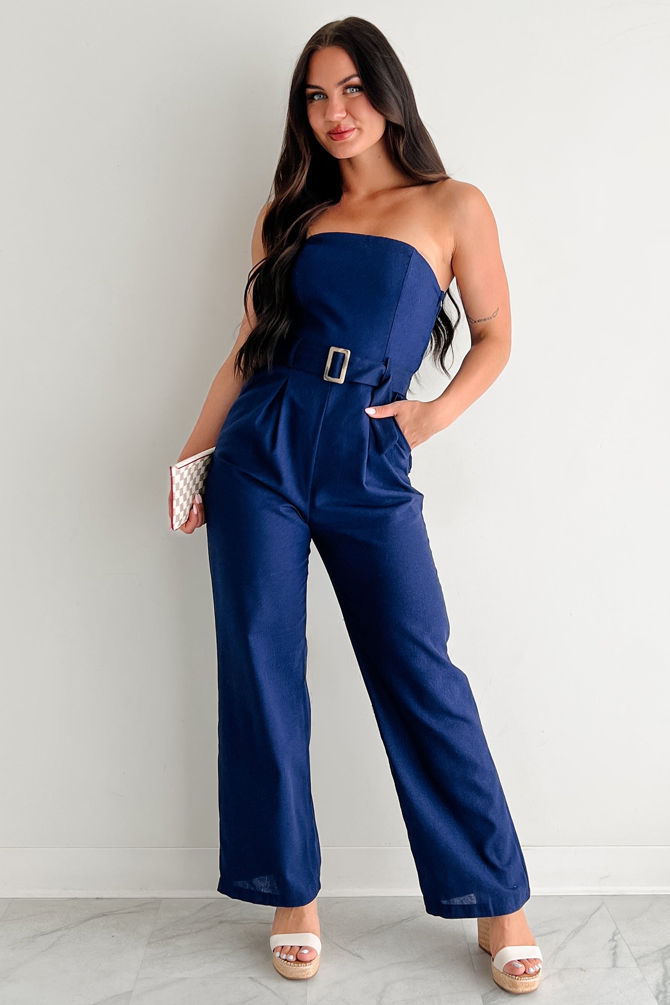 One More Page Strapless Belted Jumpsuit (Navy) · NanaMacs