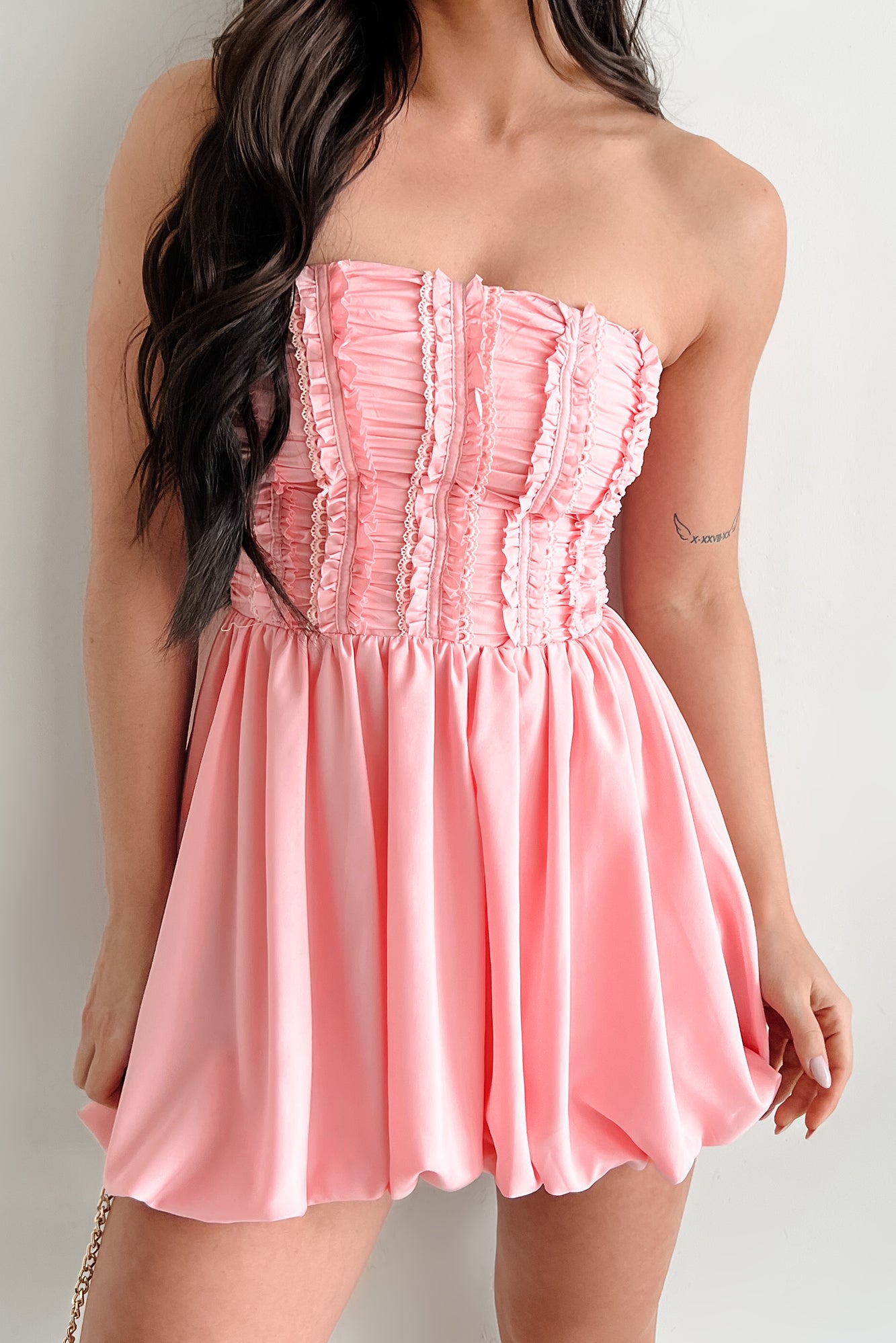 Here For The Vibes Strapless Bubble Mini Dress (Crystal Rose)