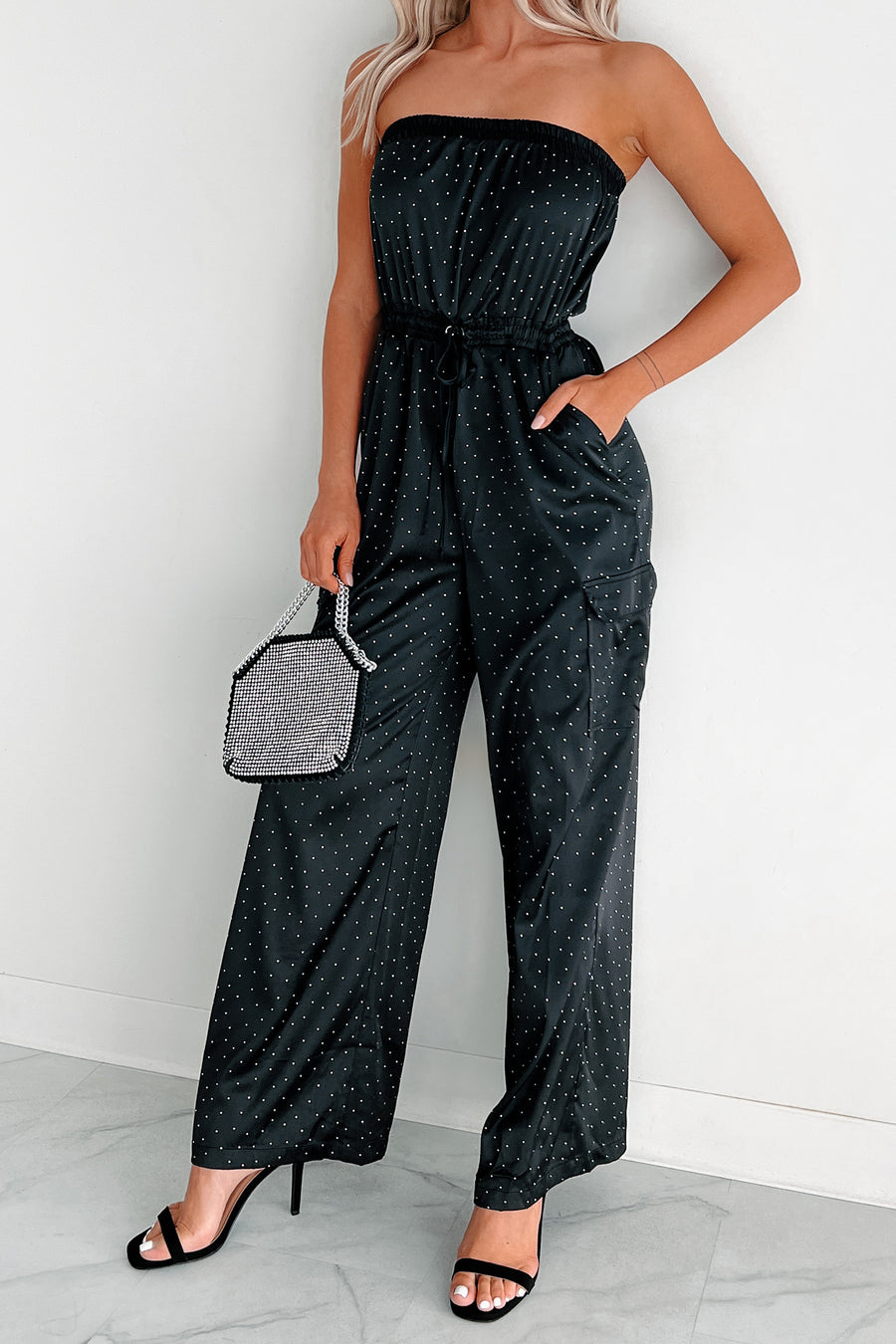 Glittering Goddess Rhinestone Embellished Jumpsuit (Black) - NanaMacs