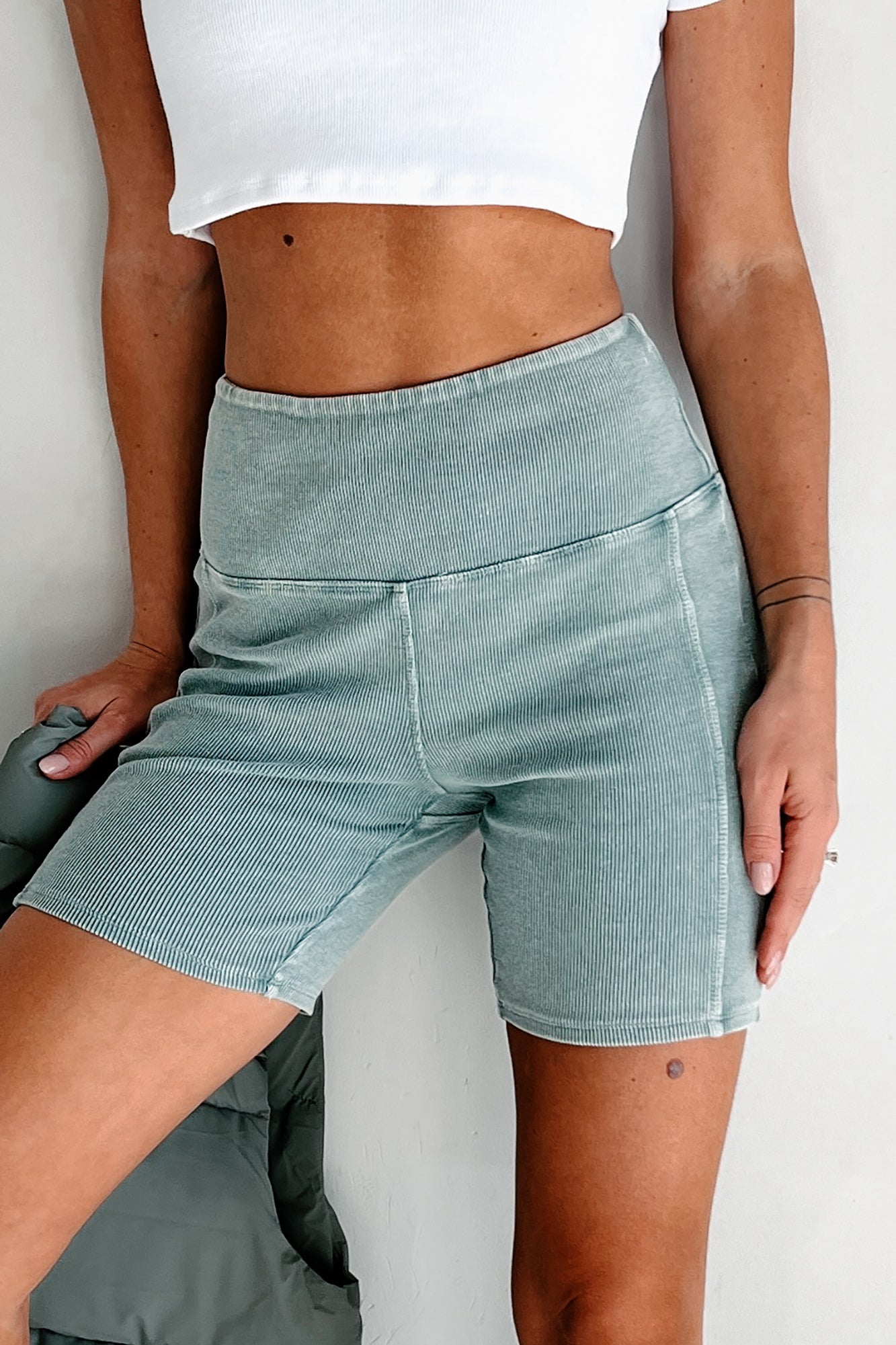 Ribbed Biker Sage Green Biker Shorts Define Seamless V-shape Biker