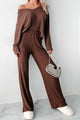 Lazy Sunday Ribbed Knit Sweater V Neck Loungewear Set (Brown) - NanaMacs