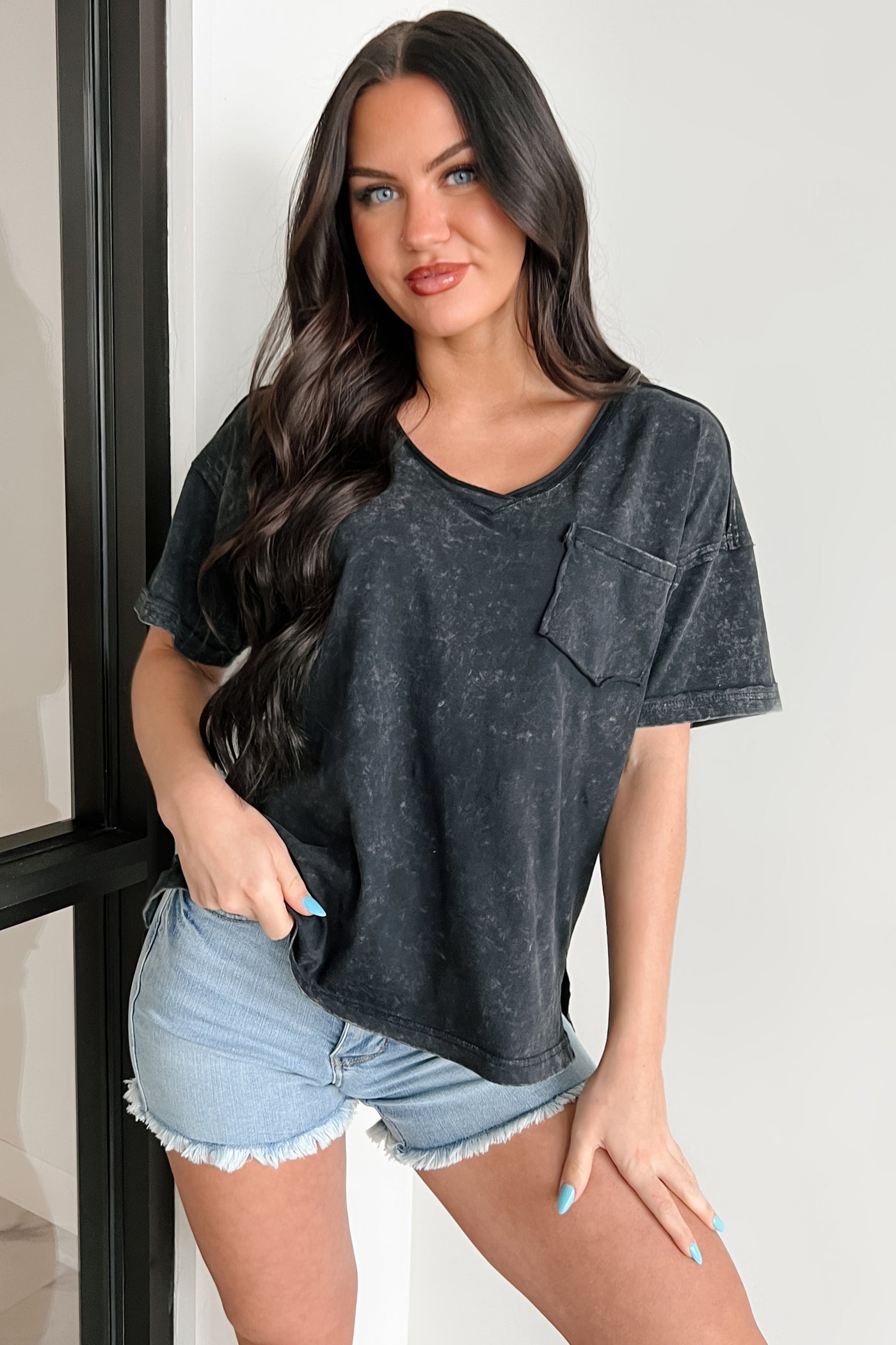 No Fuss All Fun V Neck Mineral Washed Top (Black) - NanaMacs