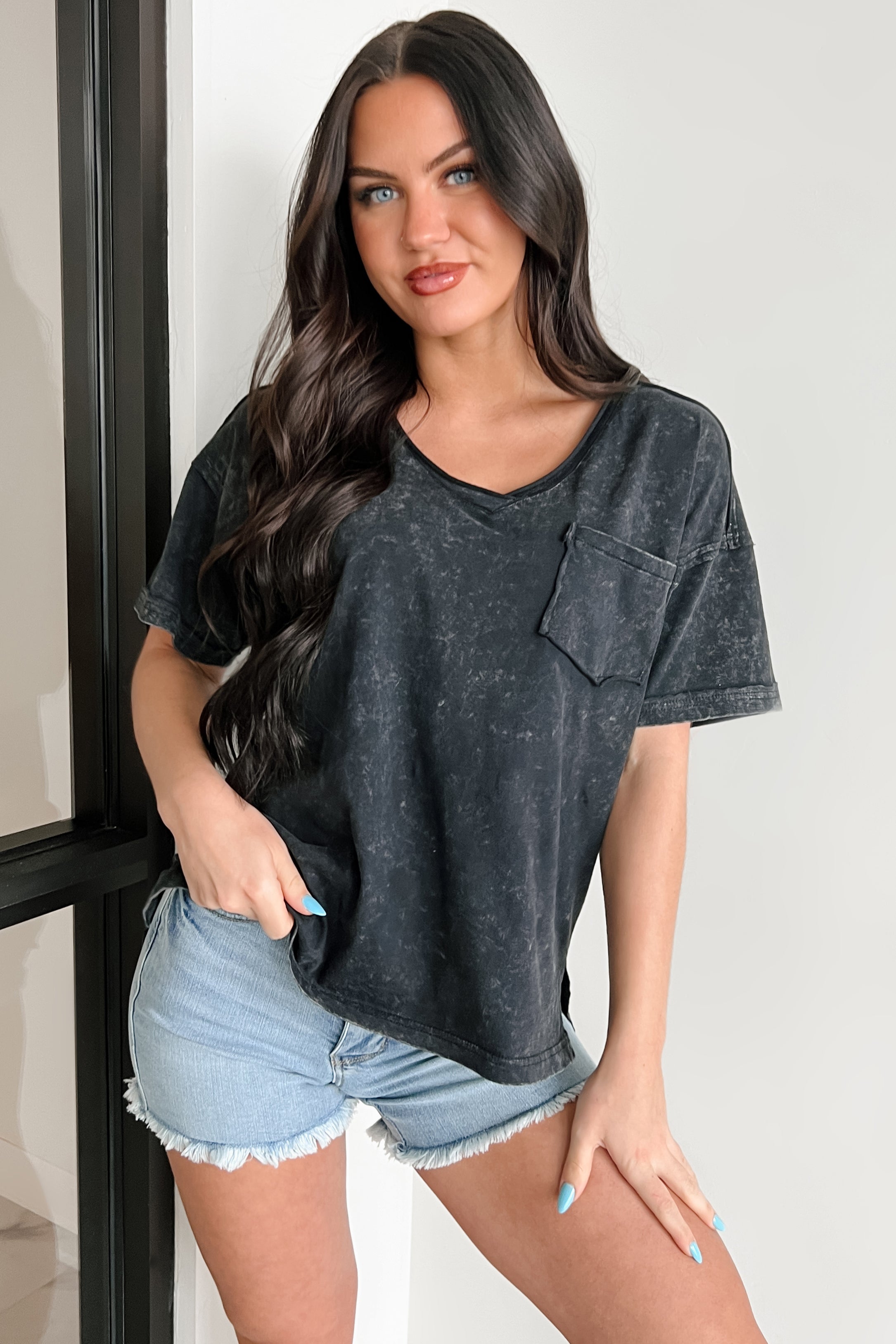 No Fuss All Fun V Neck Mineral Washed Top (Black) - NanaMacs