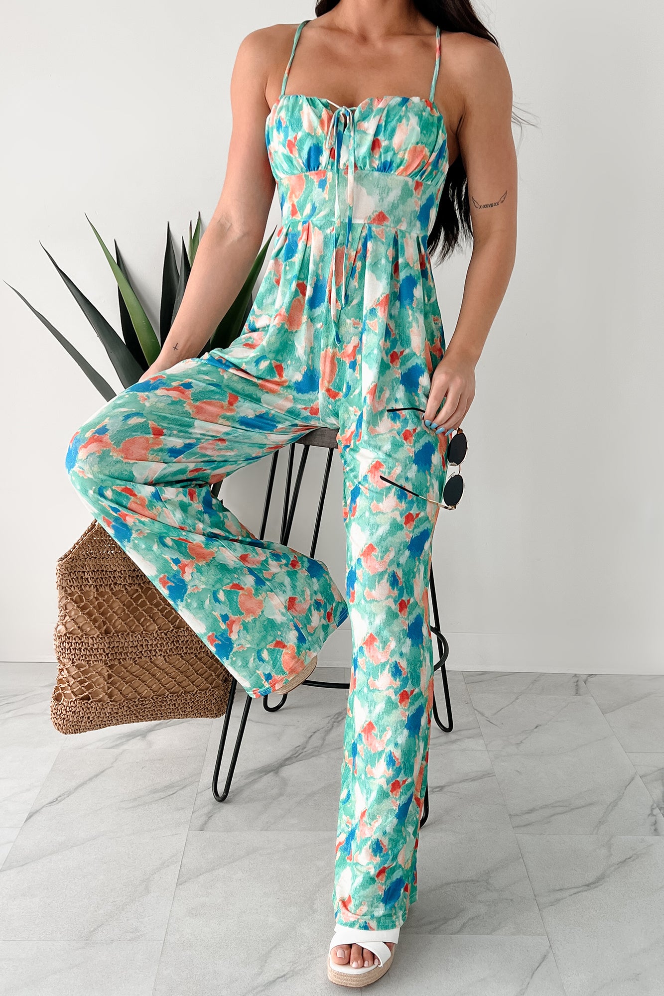 Step Into Stillness Watercolor Print Jumpsuit (Green) - NanaMacs