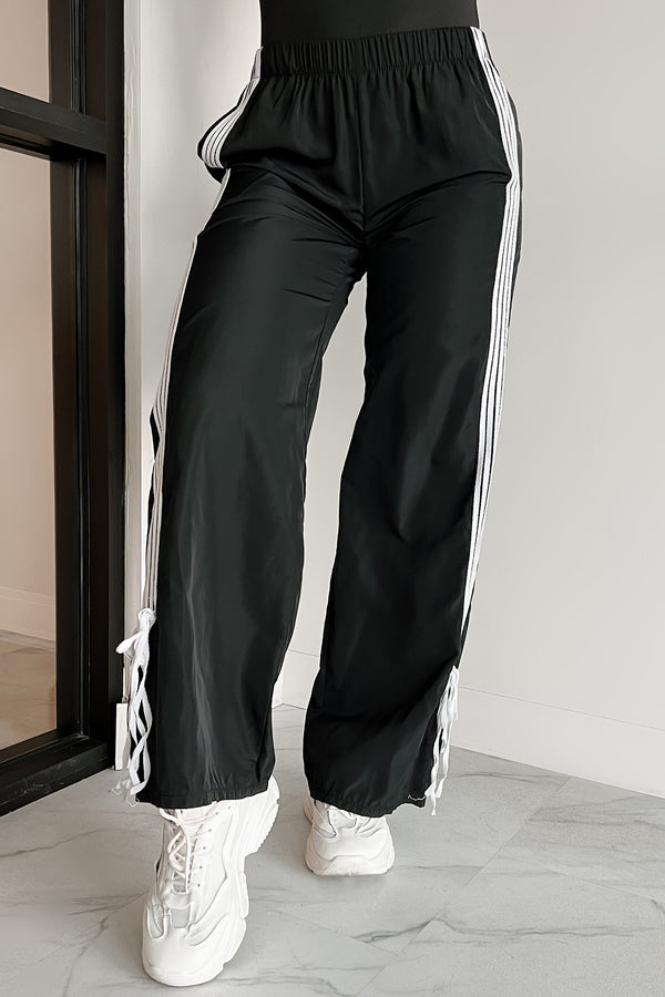 Colby Side Stripe Ribbon Tie Track Pants (Black) - NanaMacs