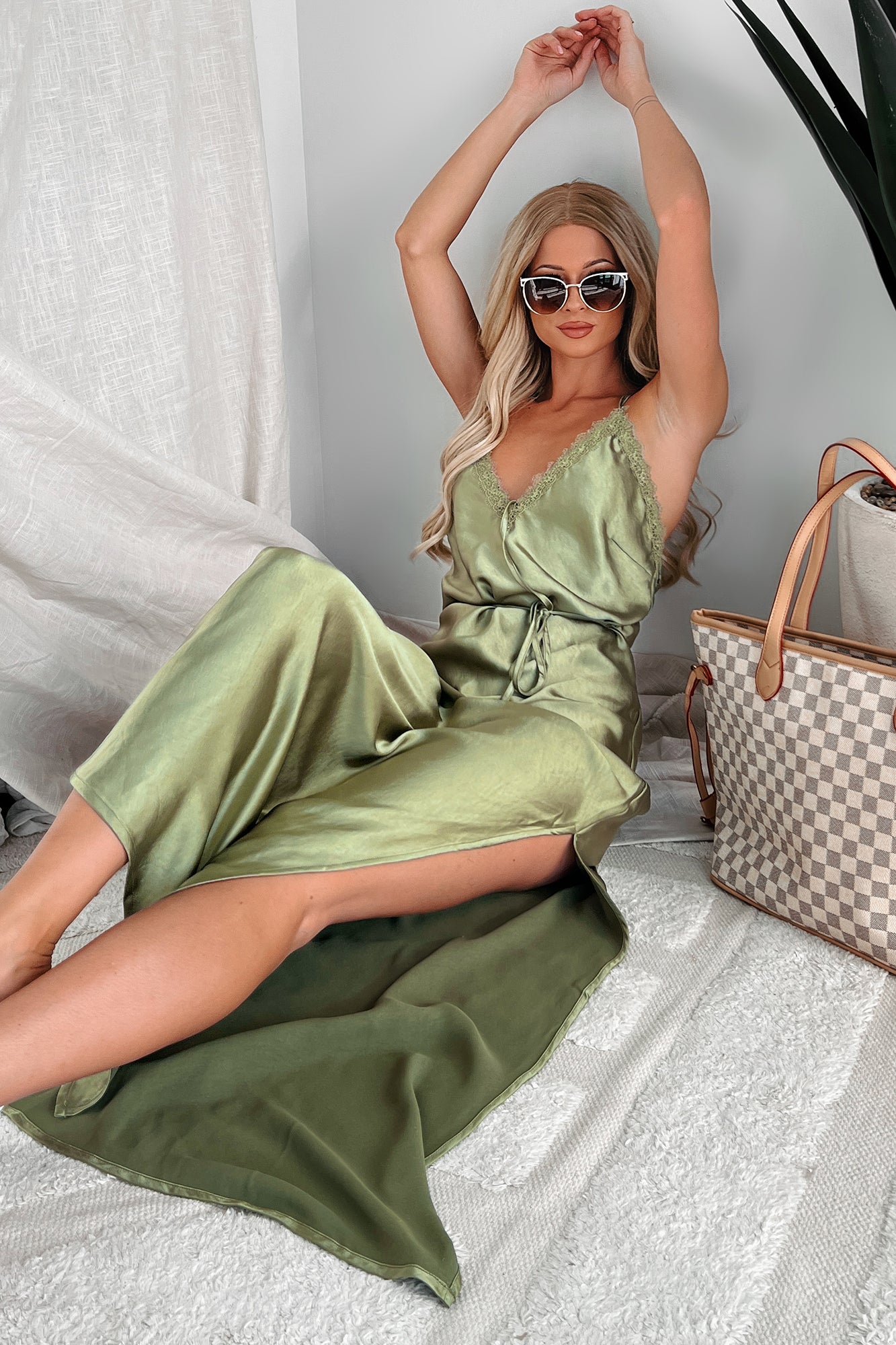 Beautiful Words Lace Trim Satin Maxi Dress (Olive Green) - NanaMacs