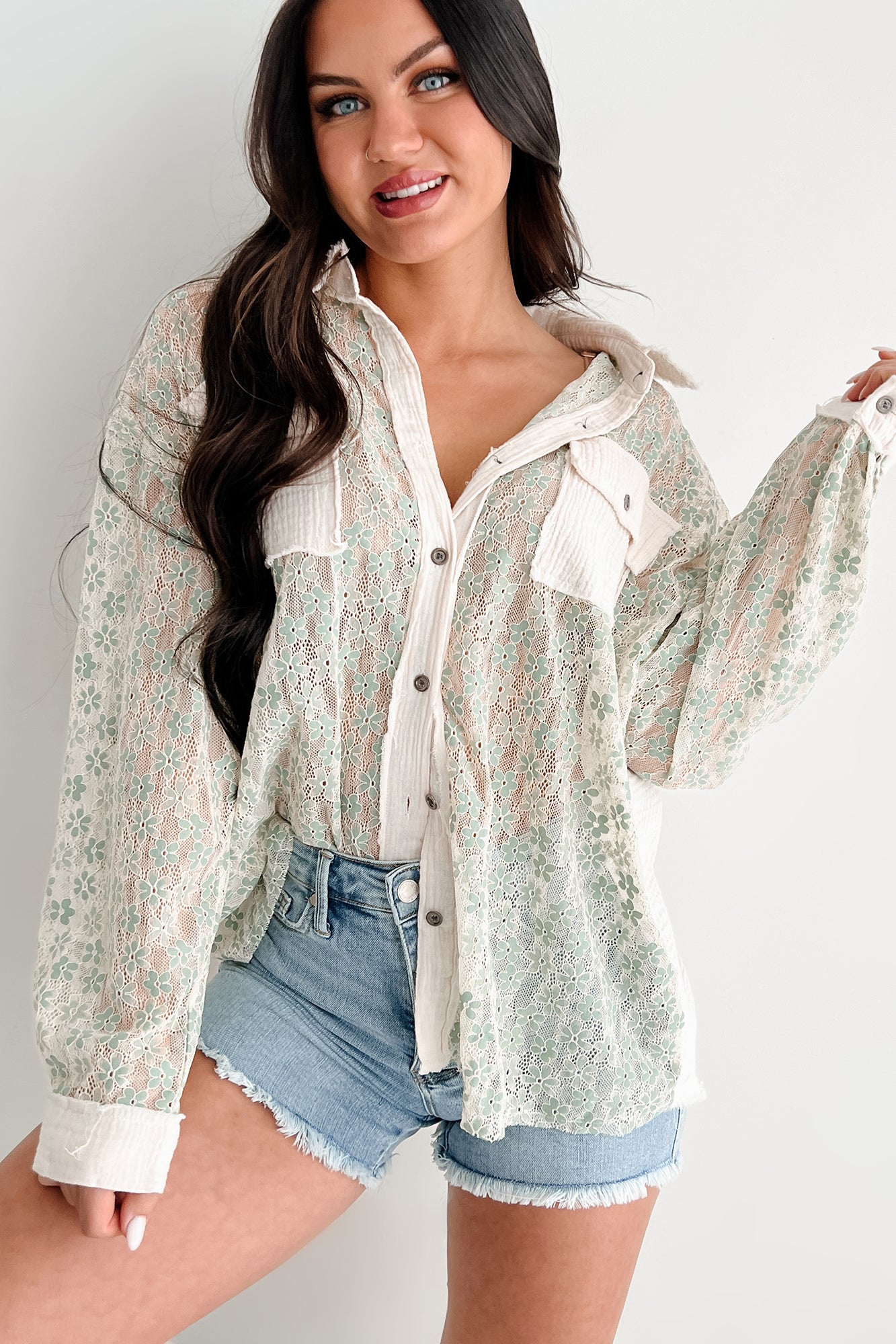 Flirtatious Fling POL Floral Lace Button Down Shirt (Sage) - NanaMacs