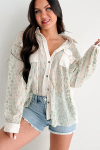 Flirtatious Fling POL Floral Lace Button Down Shirt (Sage) - NanaMacs