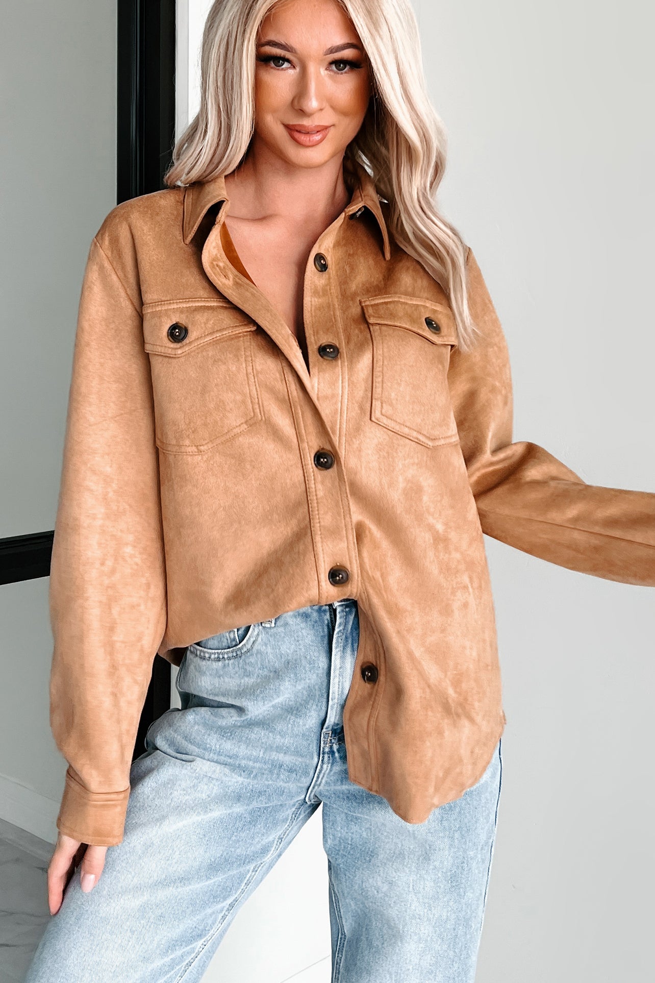 Hiding In Plain Sight Faux Suede Shacket (Camel) - NanaMacs