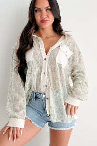 Flirtatious Fling POL Floral Lace Button Down Shirt (Sage) - NanaMacs