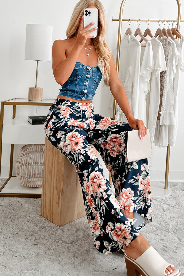 Dropping The Games Floral Wide Leg Pants (Navy) - NanaMacs