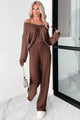 Lazy Sunday Ribbed Knit Sweater V Neck Loungewear Set (Brown) - NanaMacs