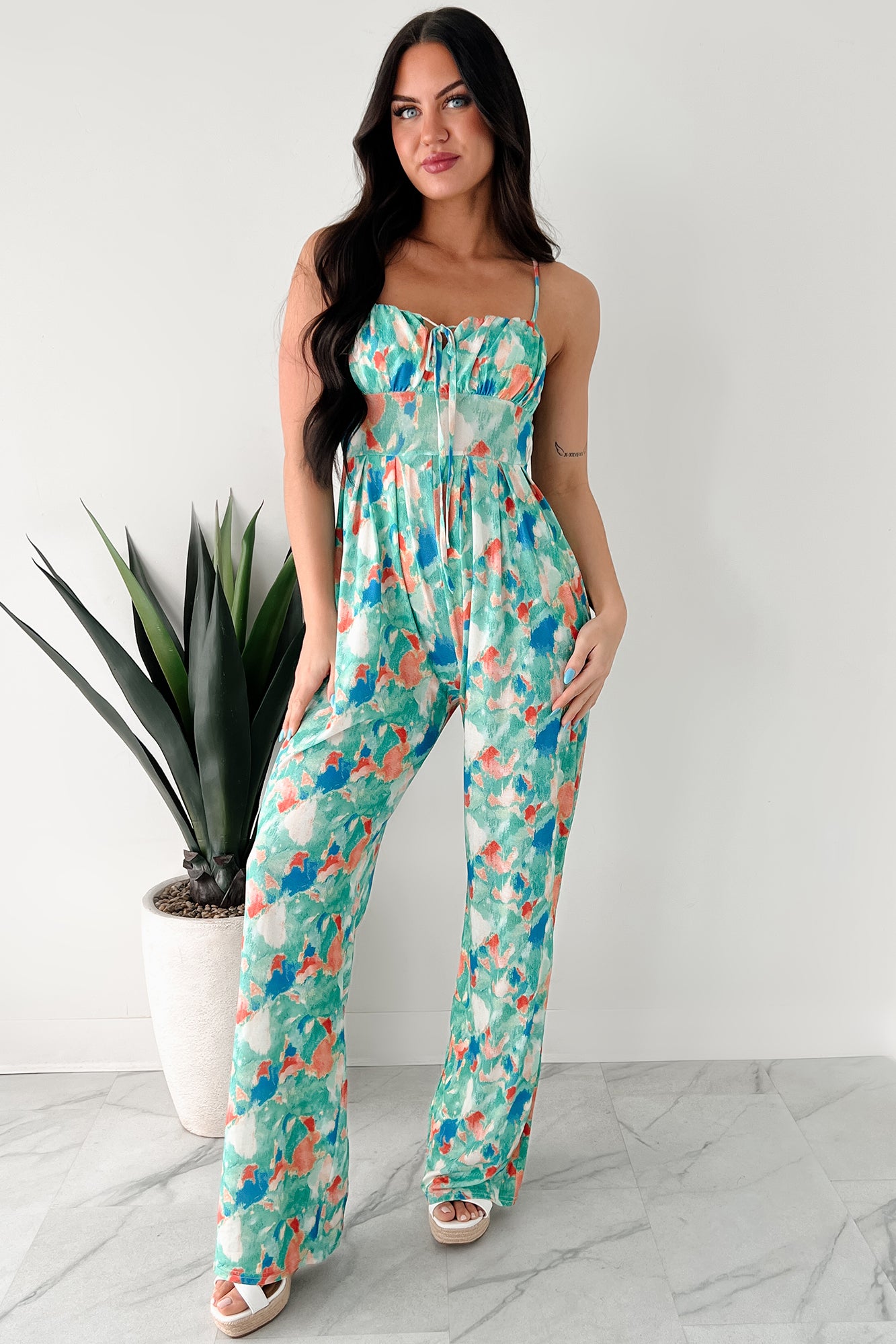 Step Into Stillness Watercolor Print Jumpsuit (Green) - NanaMacs