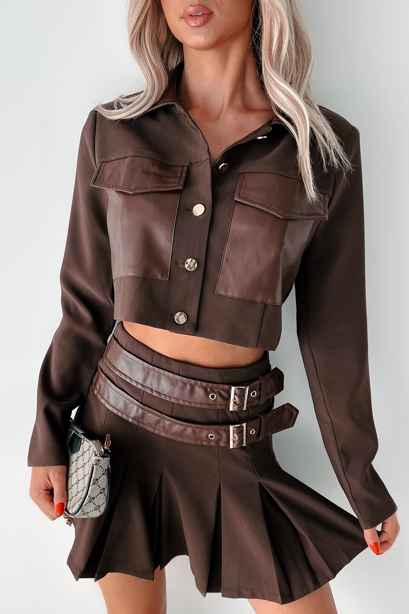 Different Type Of Girl Crop Jacket & Skirt Set (Chocolate) · NanaMacs