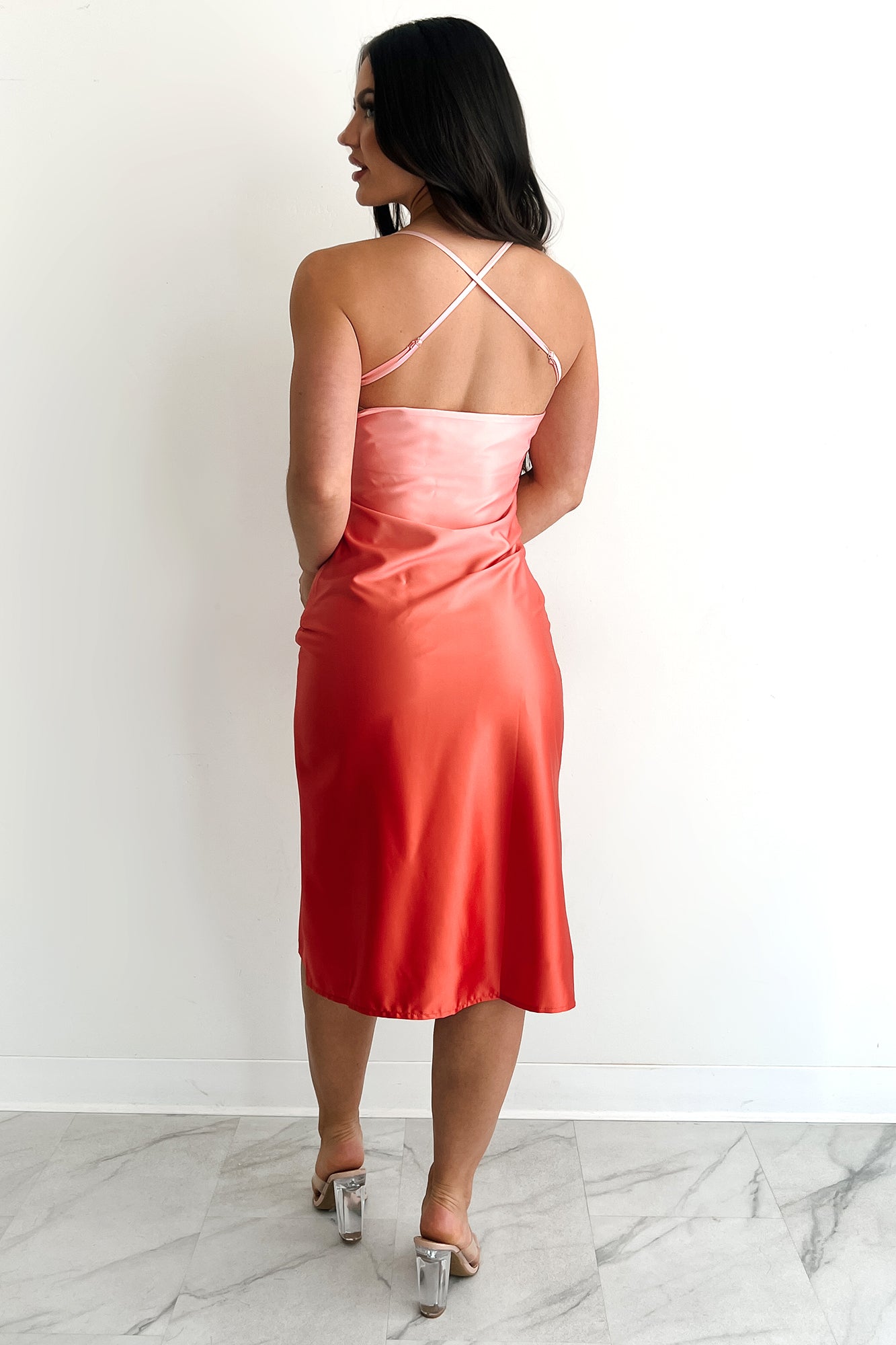 Women's Sunset Memories Satin Midi Dress in Red-Orange
