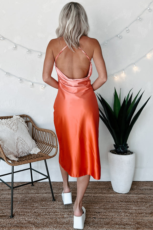 Sunset Memories Satin Midi Dress (Red-Orange) - NanaMacs