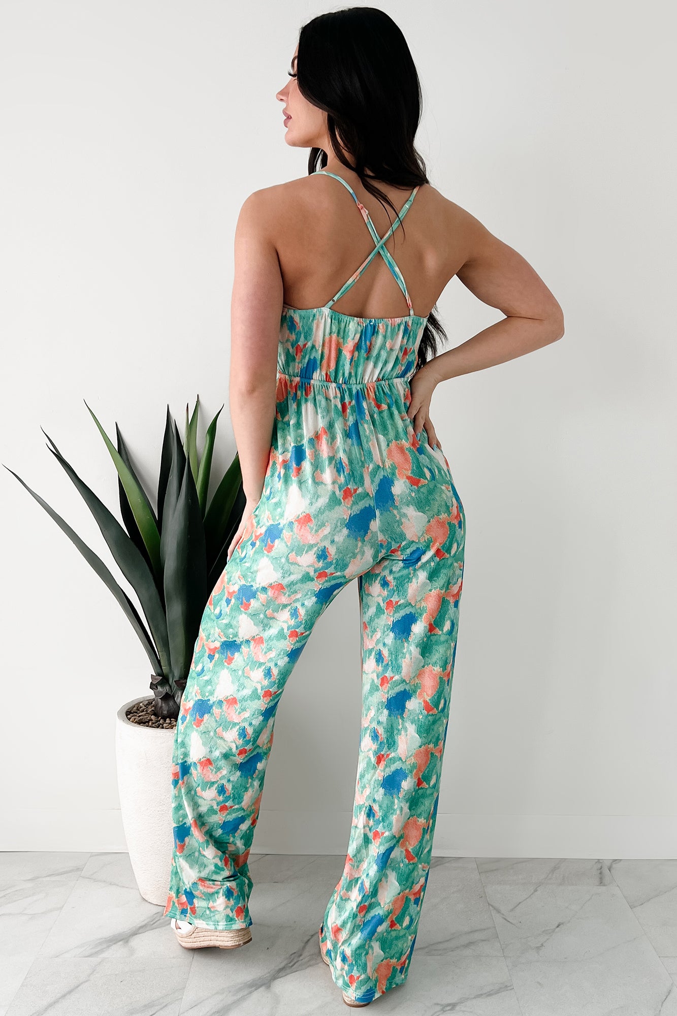 Step Into Stillness Watercolor Print Jumpsuit (Green) - NanaMacs