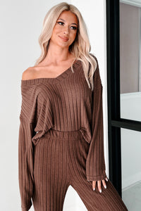 Lazy Sunday Ribbed Knit Sweater V Neck Loungewear Set (Brown) - NanaMacs