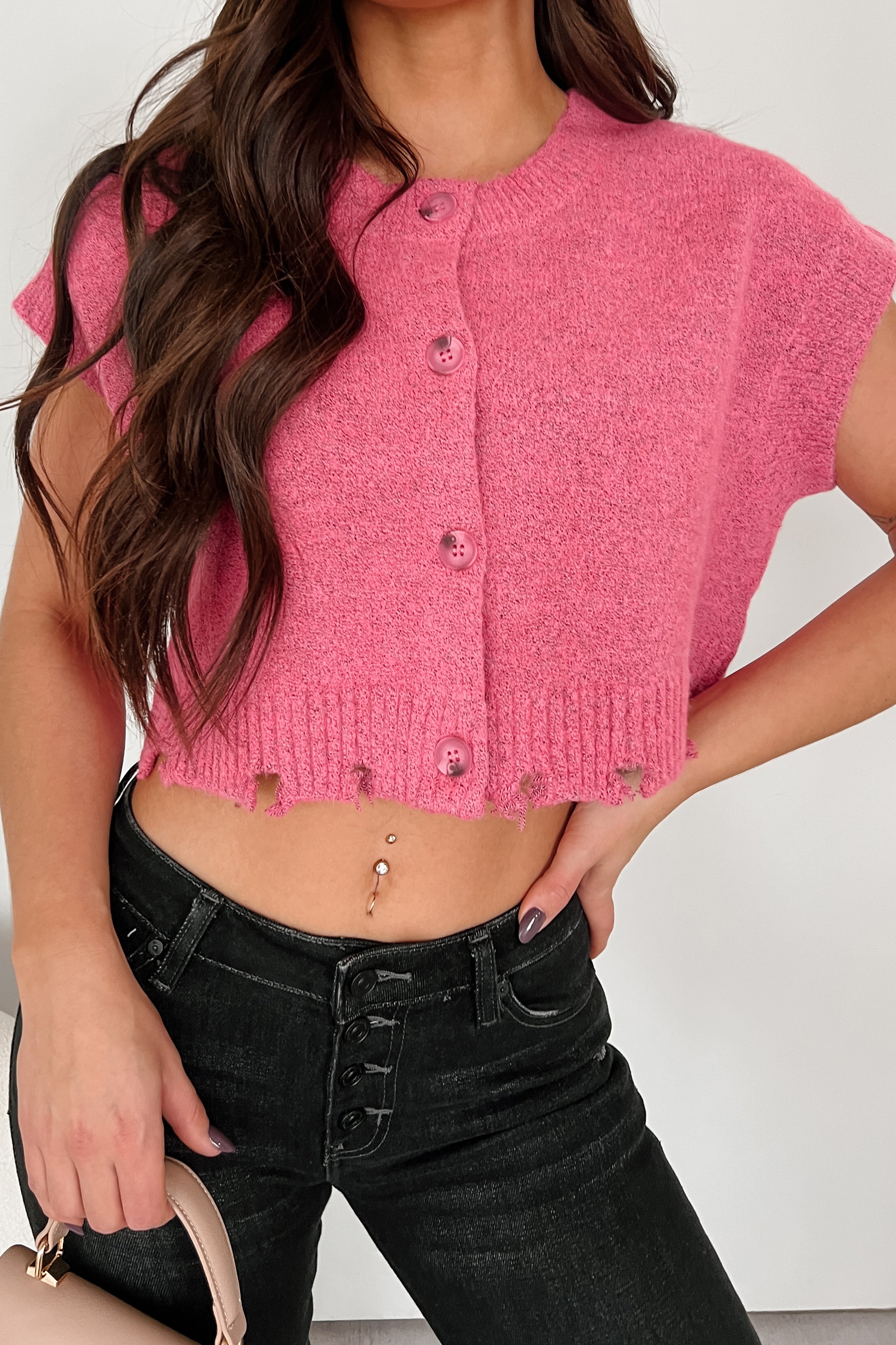 Undemanding Comfort Distressed Button-Up Sweater Vest (Pink) - NanaMacs