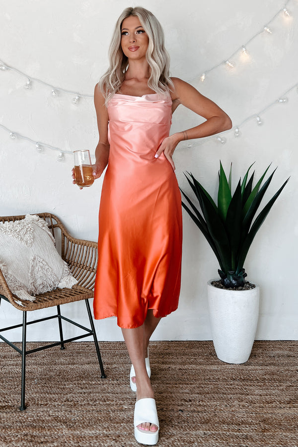 Sunset Memories Satin Midi Dress (Red-Orange) - NanaMacs