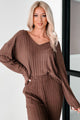 Lazy Sunday Ribbed Knit Sweater V Neck Loungewear Set (Brown) - NanaMacs