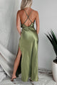 Beautiful Words Lace Trim Satin Maxi Dress (Olive Green) - NanaMacs