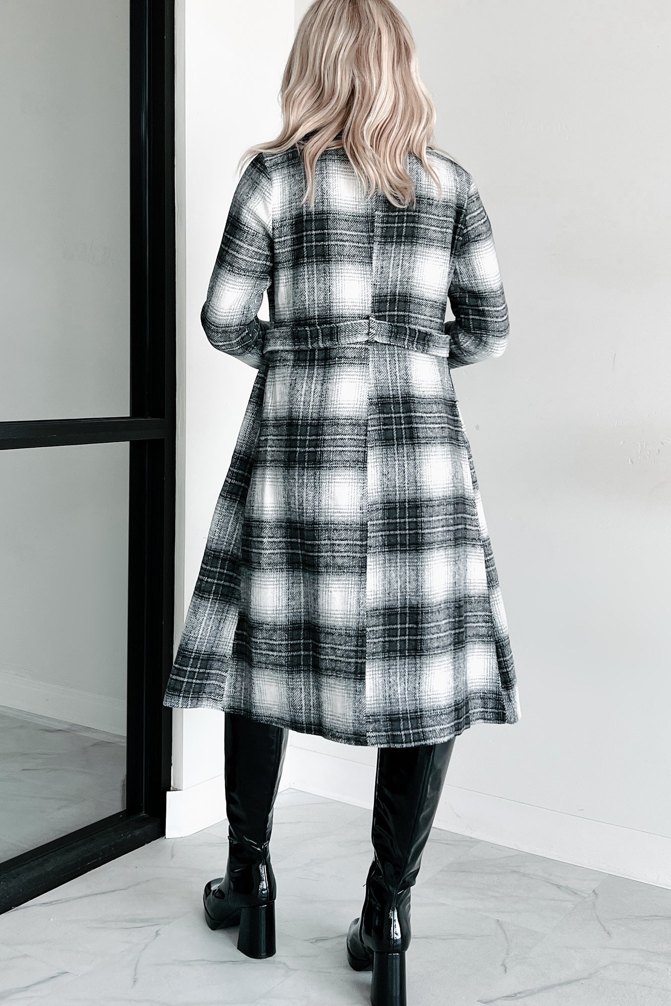 Mystery Woman Double-Breasted Plaid Long Coat (Charcoal) - NanaMacs