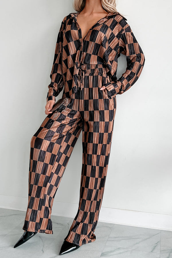 Personality On Point Checker Plisse Two-Piece Set (Taupe/Black) - NanaMacs