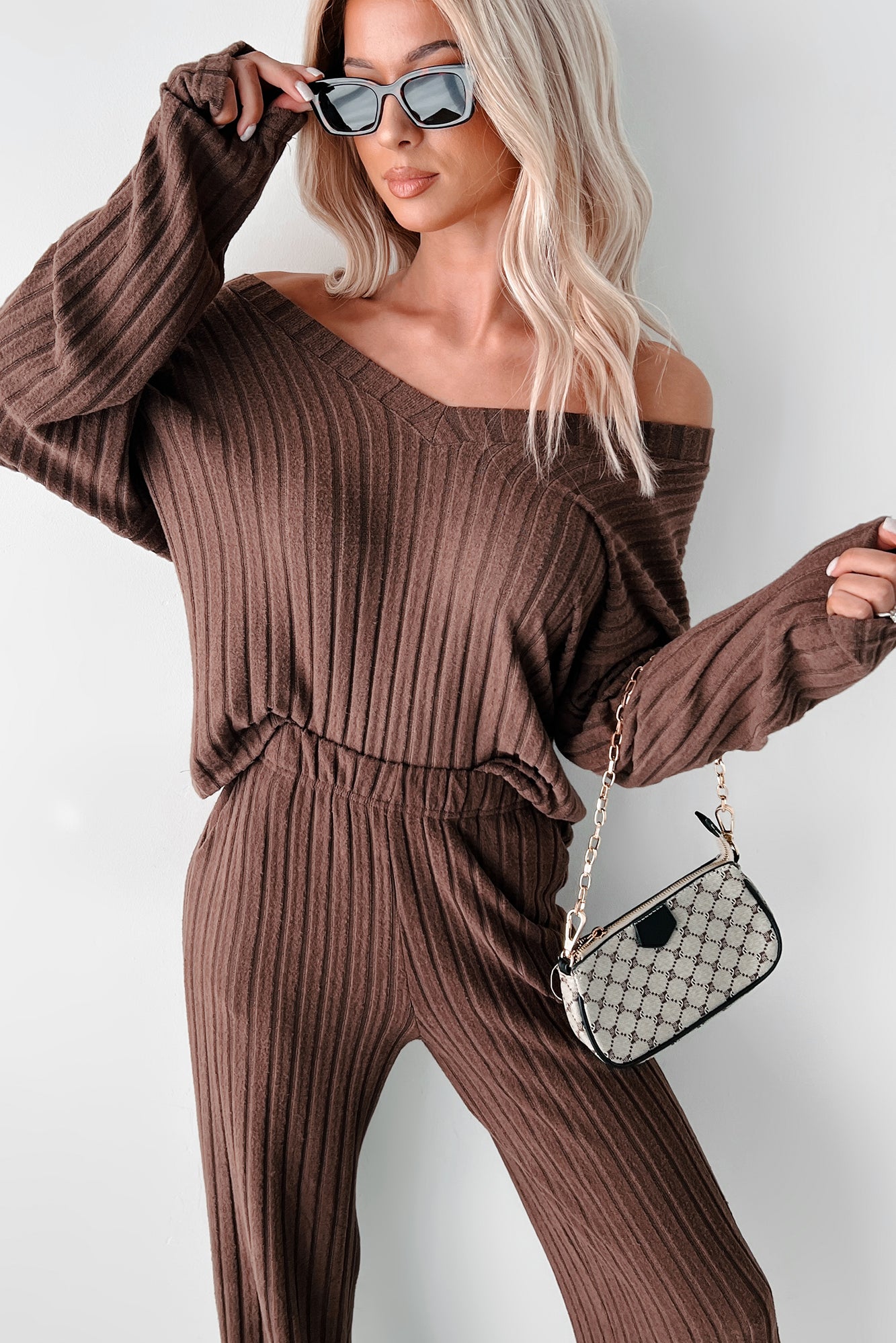 Lazy Sunday Ribbed Knit Sweater V Neck Loungewear Set (Brown) - NanaMacs