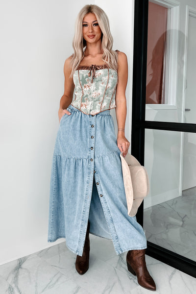 Jolene Button Up Denim Midi Skirt (Denim) - NanaMacs