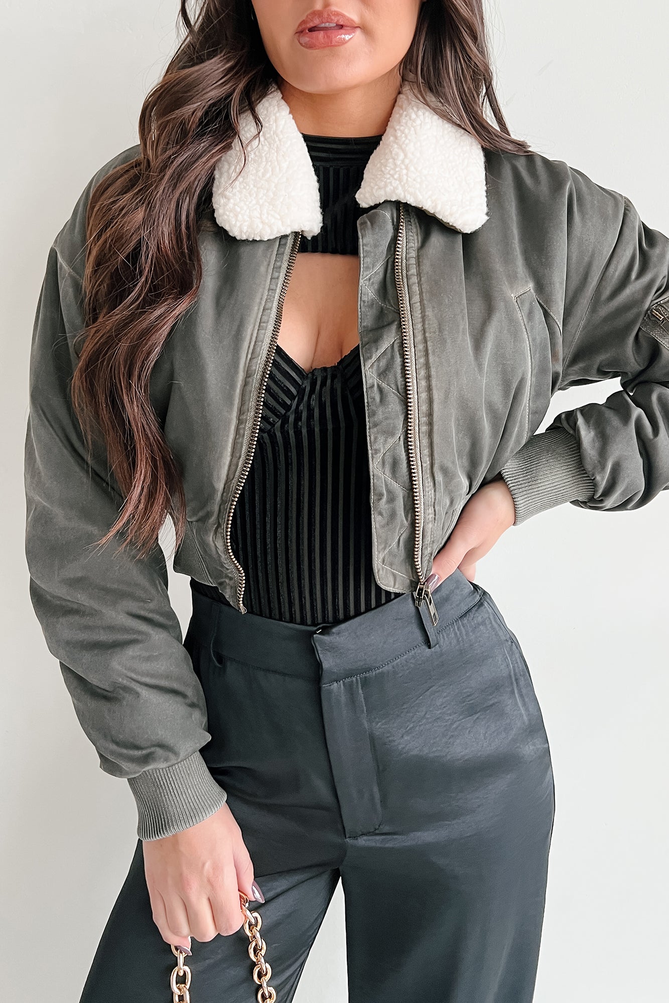 Fashionable Flight Path Aviator Crop Jacket (Dark Grey) · NanaMacs